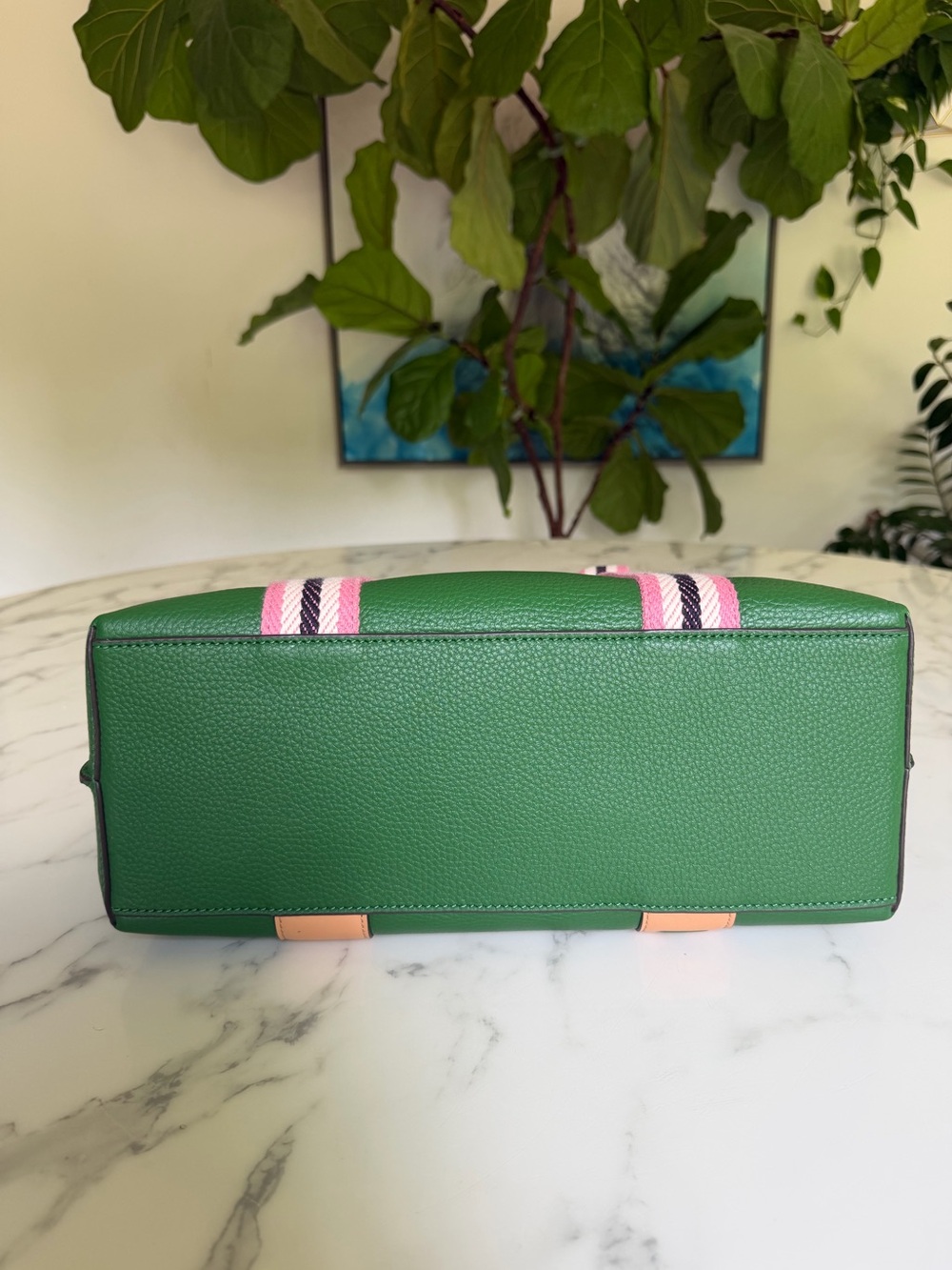 NWT Tory Burch Perry Multi Stripe Leather Triple Compartment Tote Arugula Green - Picture 7 of 16